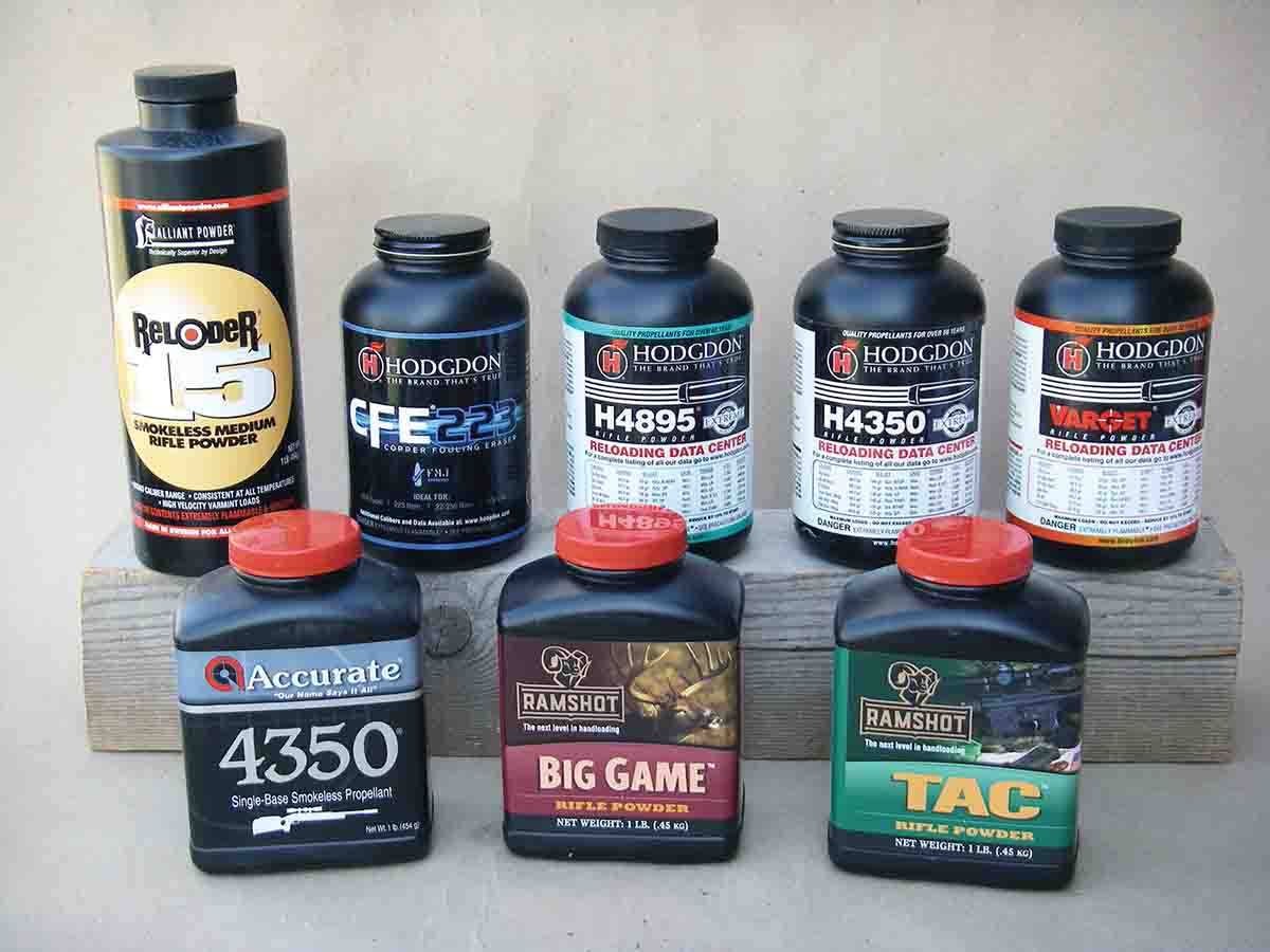 Many propellants were selected to develop .375 H&H Magnum data and included both spherical and extruded powders.